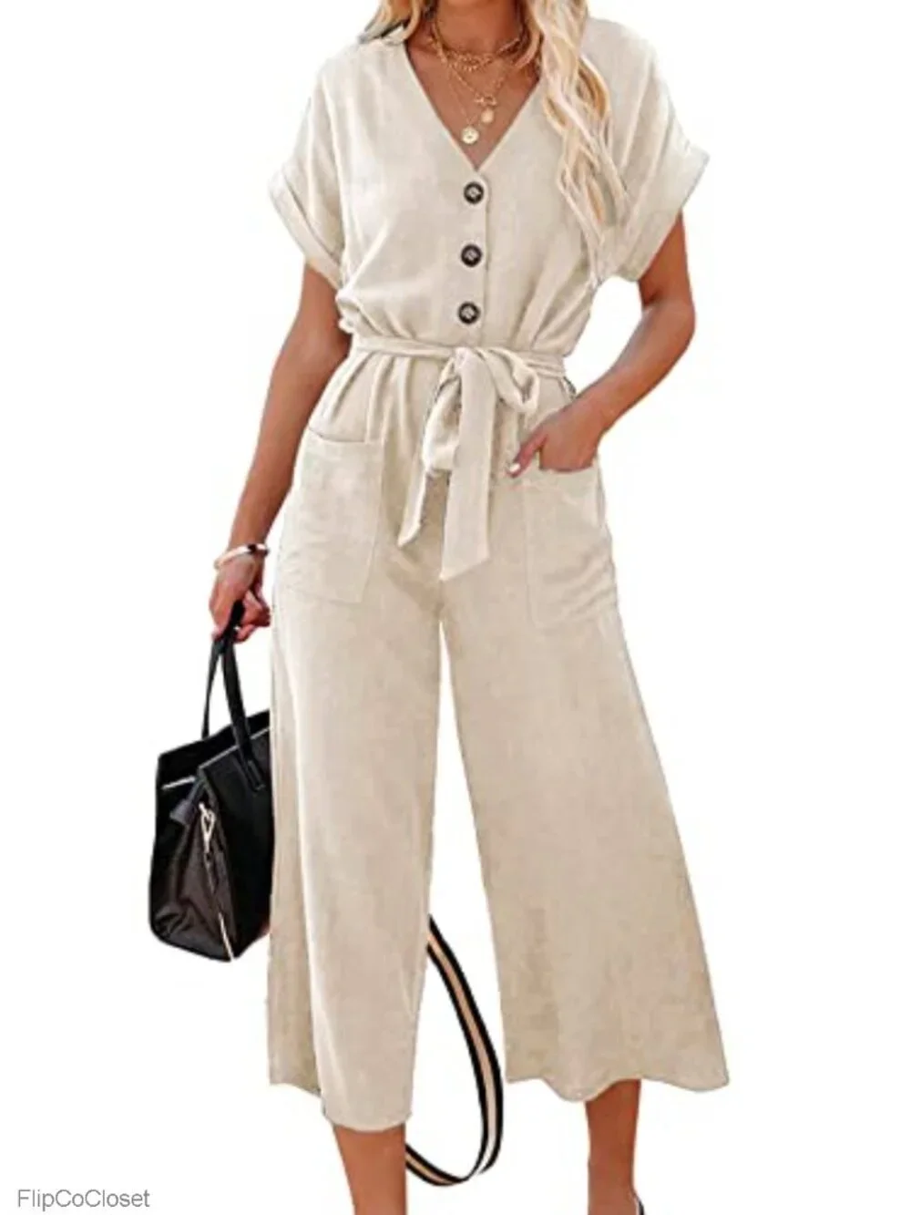 Wide Leg Jumpsuit with Belt Short Sleeve V Neck Pocketed